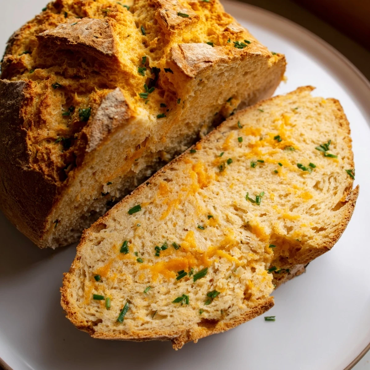 A close-up of Savory Cheddar & Chive Irish Soda Bread showcasing a golden, cheesy crust with visible chive specks on a rustic board.