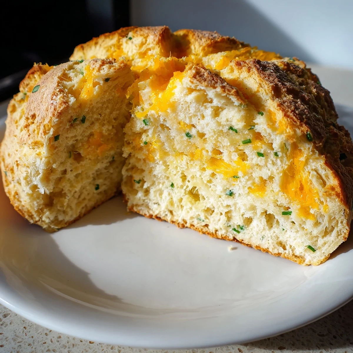 A freshly baked Savory Cheddar & Chive Irish Soda Bread loaf sliced open to reveal a tender, moist interior with melted cheddar pockets.