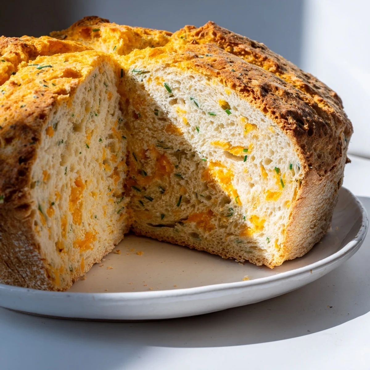 A slice of Savory Cheddar & Chive Irish Soda Bread being lifted from the loaf, steam rising and a pat of butter melting.
