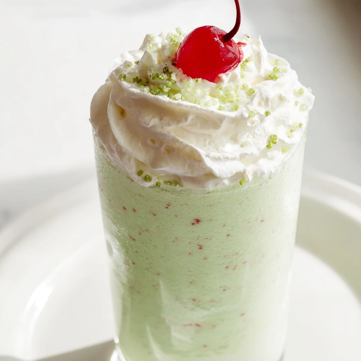 A frosty glass of Homemade Copycat Shamrock Shake topped with whipped cream and a bright red maraschino cherry on a green towel.