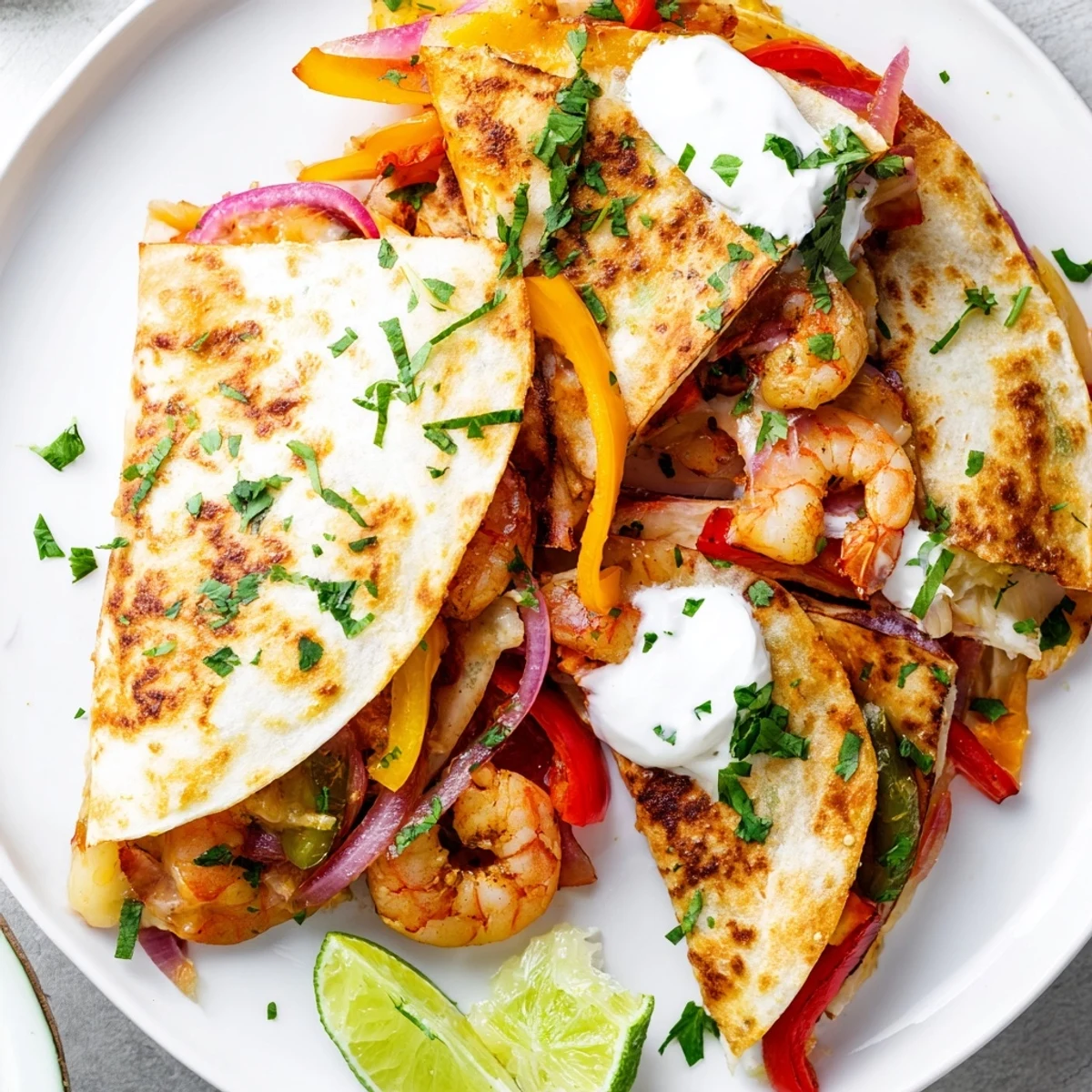 A close-up of golden Shrimp Fajita Sheet Pan Quesadillas served with fresh avocado and lime.