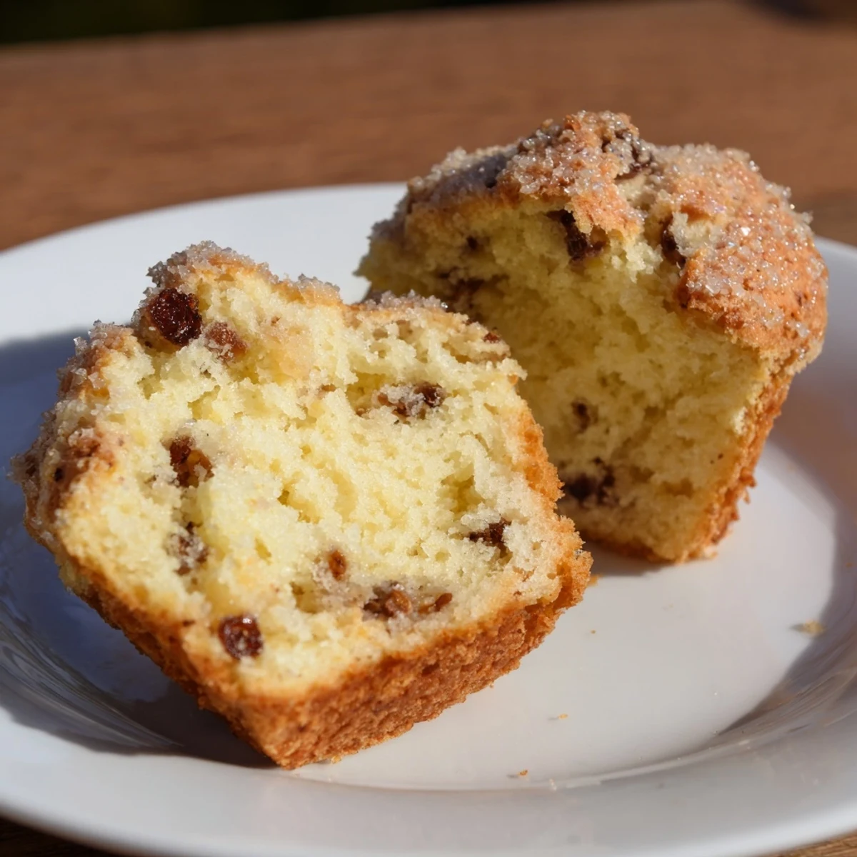 Two Mini Irish Soda Bread Muffins on a rustic plate, one broken open to show the tender, crumbly interior with raisins.