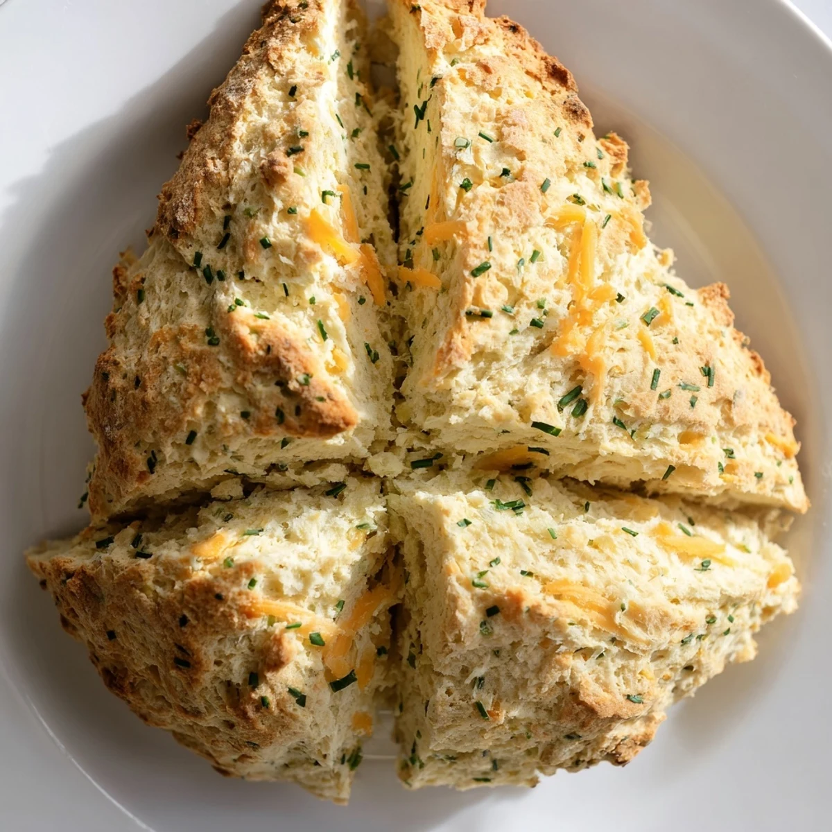 Freshly baked Savory Herbed Cheddar Irish Soda Bread rests on a wooden board, ready to be served with butter.