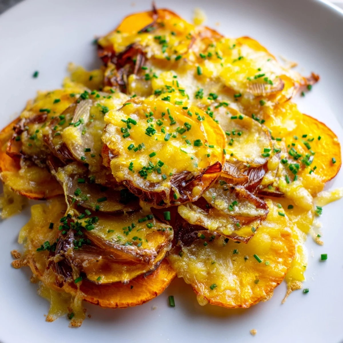 Golden, bubbly slices of Cheesy Sweet Potato Gratin with Caramelized Onions Delight, served warm in a baking dish topped with fresh chives.