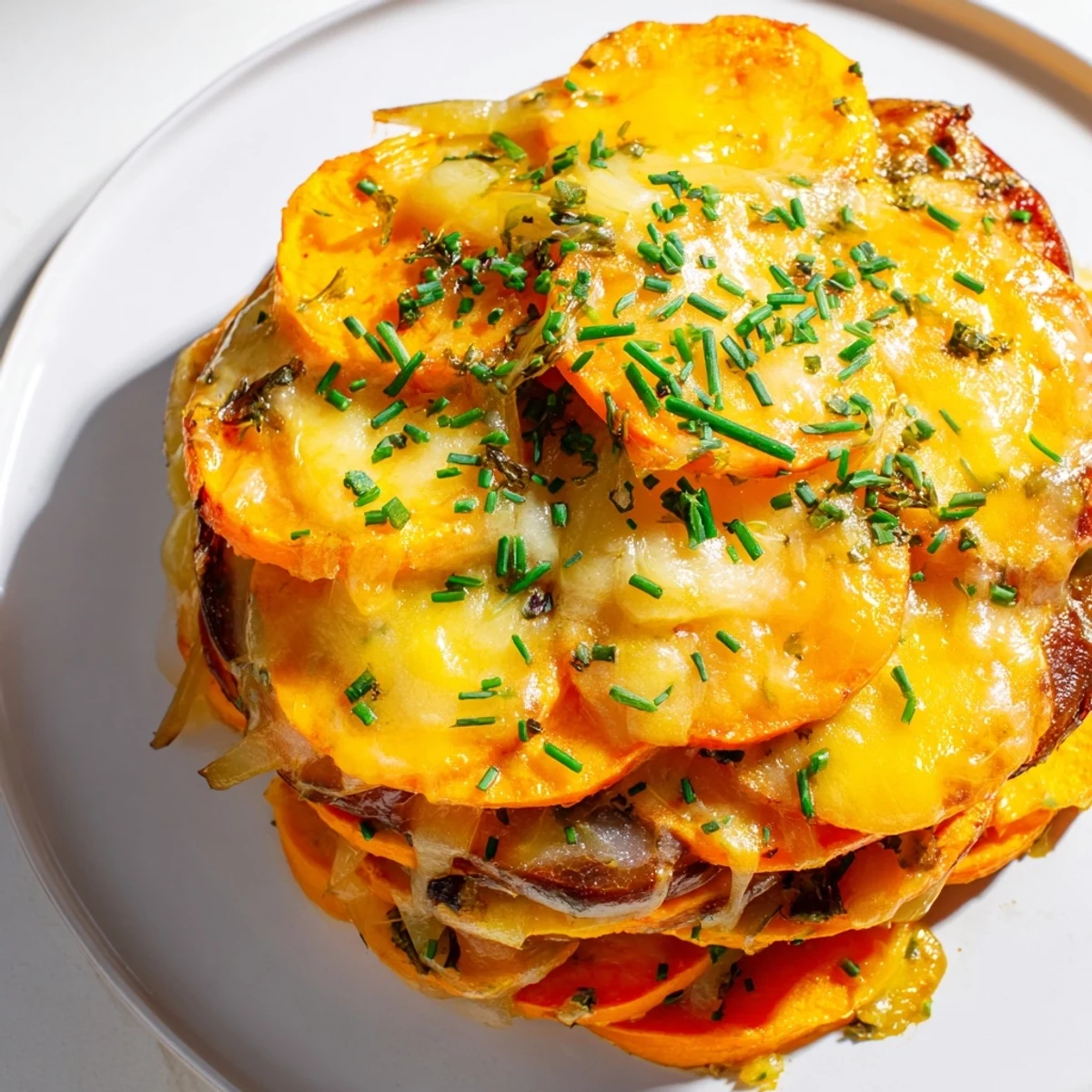 A close-up view of layered sweet potatoes and onions, covered in melted Gruyère and cheddar for this Cheesy Sweet Potato Gratin with Caramelized Onions Delight.