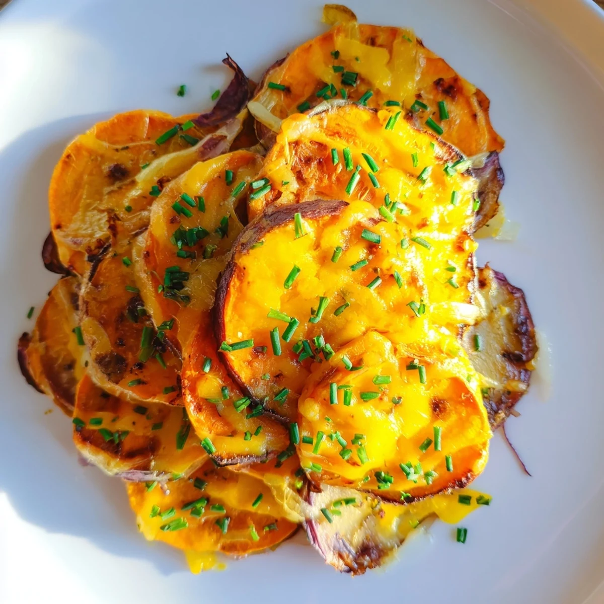 Freshly baked Cheesy Sweet Potato Gratin with Caramelized Onions Delight rests on a cooling rack, revealing a crisp, golden-brown cheese crust.