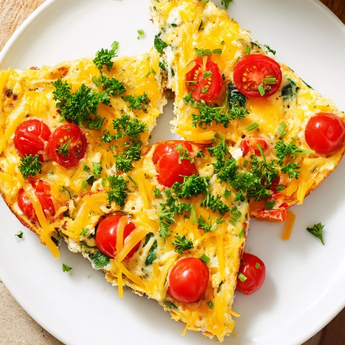 Golden-baked Simple Cottage Cheese Frittata with melted cheddar and vibrant spinach in a rustic skillet, ready to slice.
