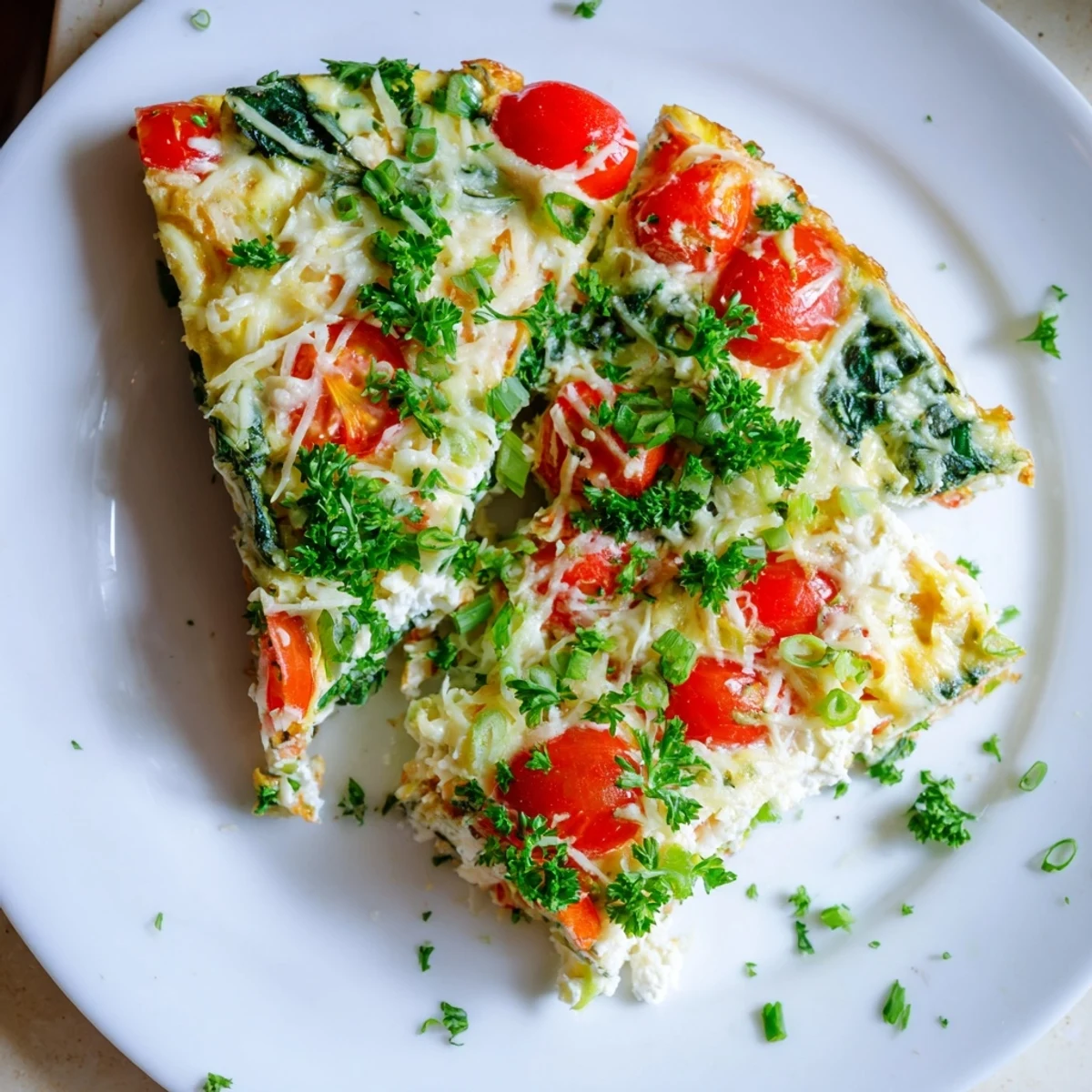 A slice of fluffy simple cottage cheese frittata rests on a plate, garnished with herbs and warm morning light.