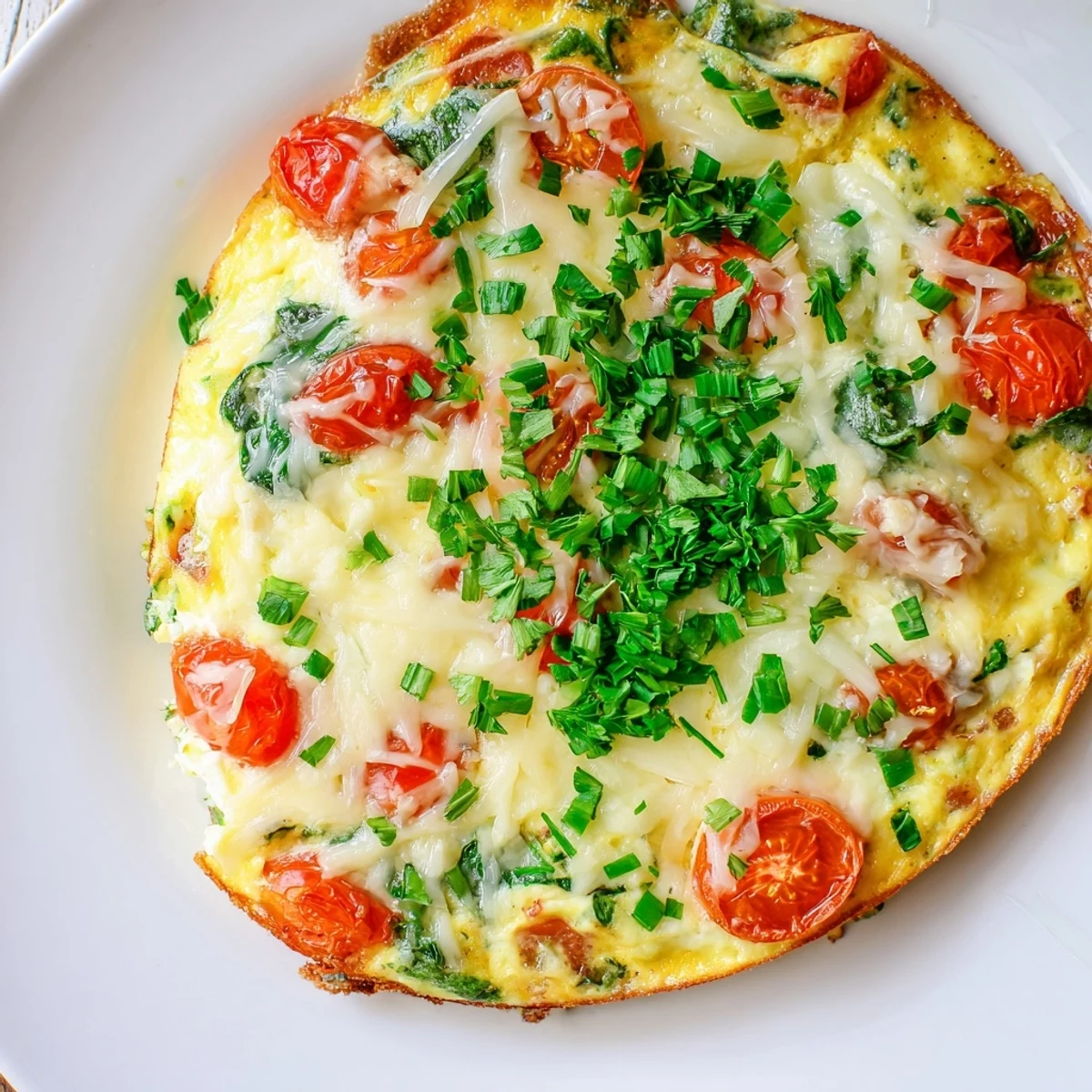 Fresh cherry tomatoes and green onions top this simple cottage cheese frittata served alongside a crisp arugula salad.