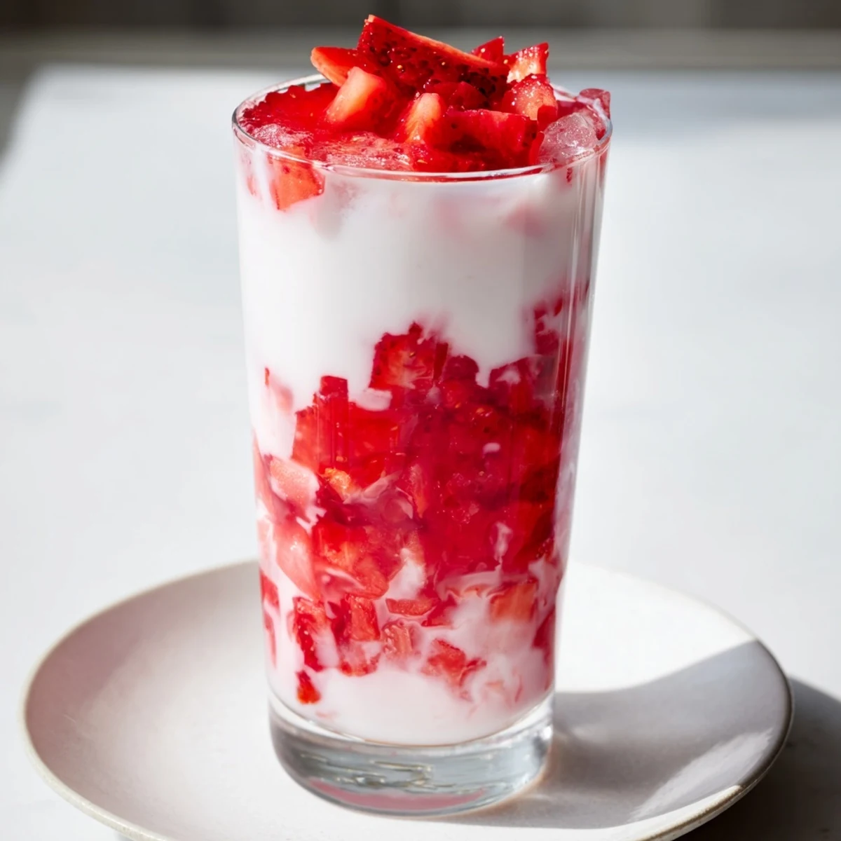Creamy Cafe Style Korean Strawberry Milk layered with vibrant red syrup and fresh sliced strawberries in a tall glass.  