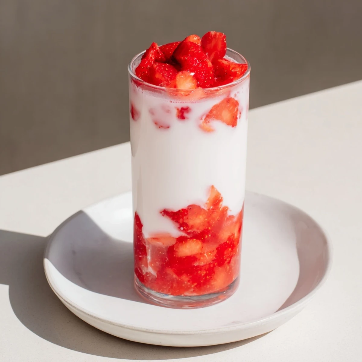 Homemade Cafe Style Korean Strawberry Milk swirled gently, showing pink hues against cold whole milk in a glass.