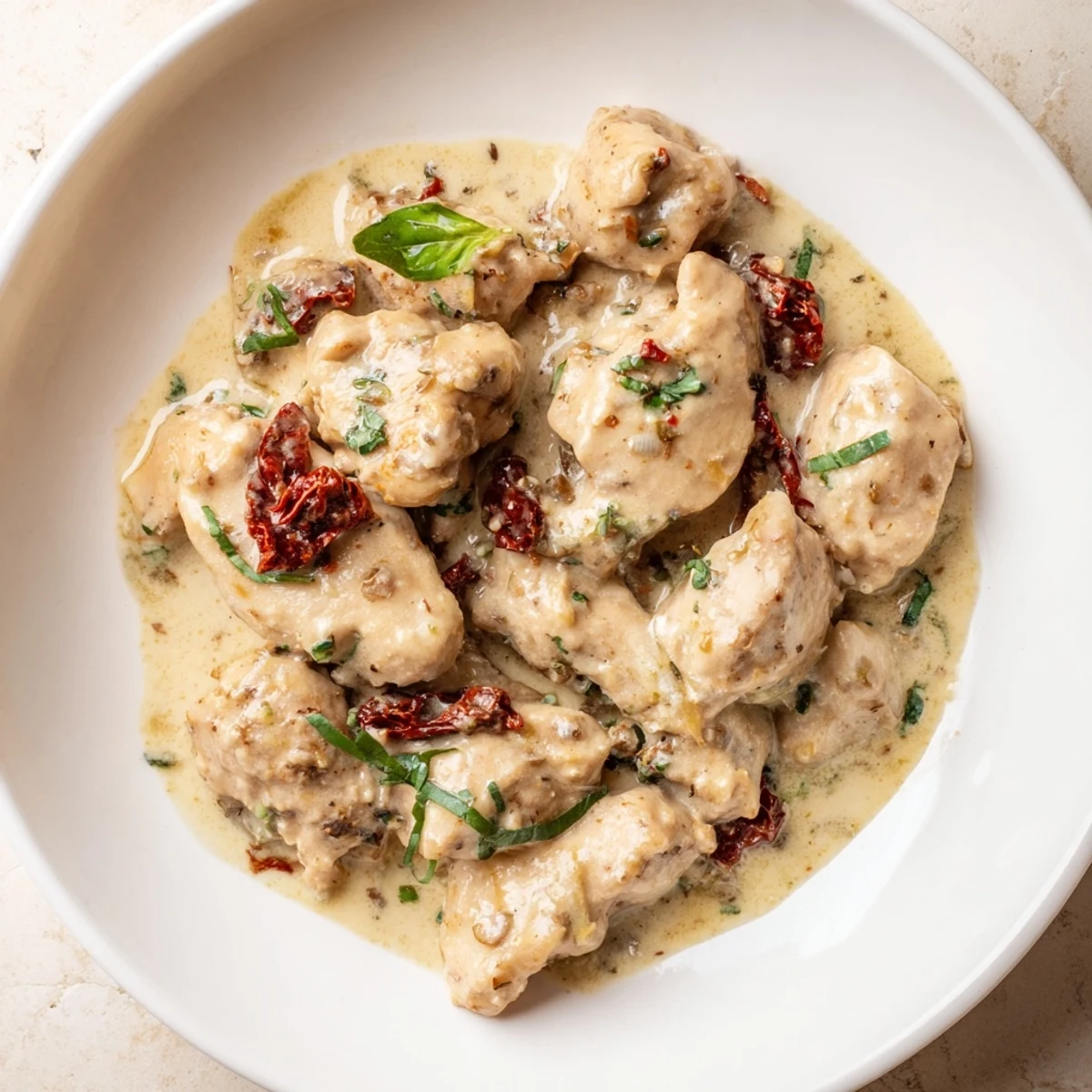 A hearty serving of Marry Me High Protein Crockpot Chicken with vibrant sun-dried tomatoes and herbs, ready to enjoy straight from the slow cooker.