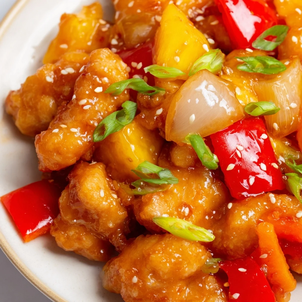 Sweet Hawaiian Crockpot Chicken in a slow cooker, garnished with fresh green onions and sesame seeds on a rustic table.