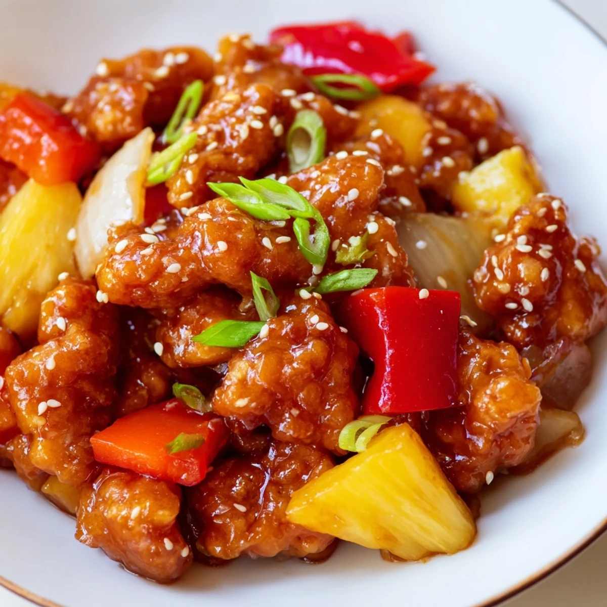 A close-up of Sweet Hawaiian Crockpot Chicken served over steamed white rice with colorful peppers and pineapple chunks.