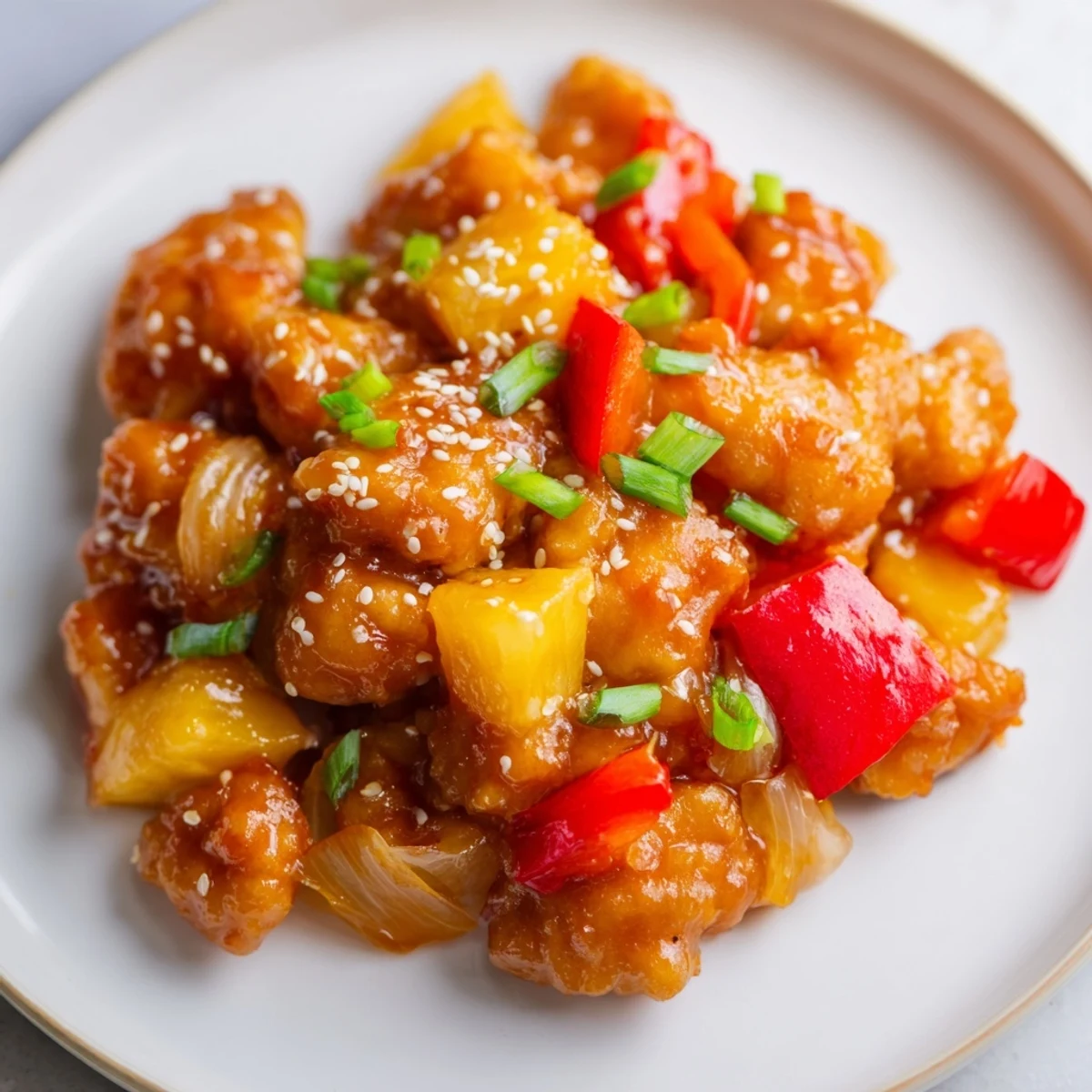 A serving platter of Sweet Hawaiian Crockpot Chicken with tender meat, bell peppers, and a thick, glossy pineapple sauce.
