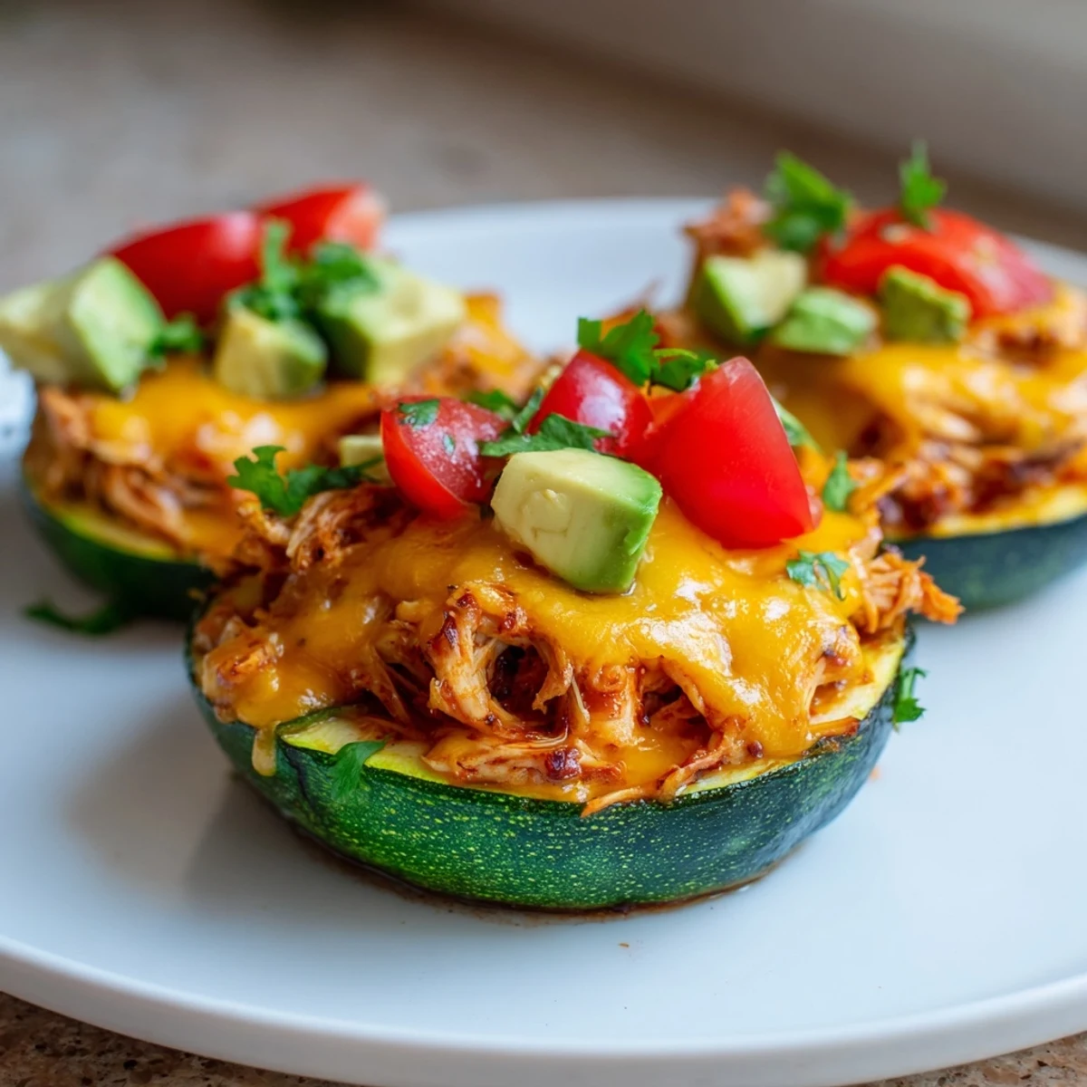 Roasted zucchini rounds loaded with smoky BBQ chicken and melted cheese for these Cheesy BBQ Chicken Zucchini Nachos.