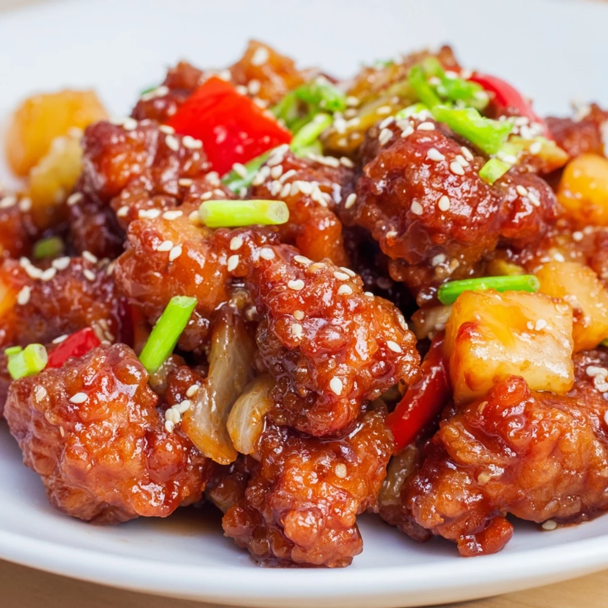 Tender Slow Cooker Hawaiian Pineapple Chicken in a ceramic bowl, garnished with sesame seeds and green onions.
