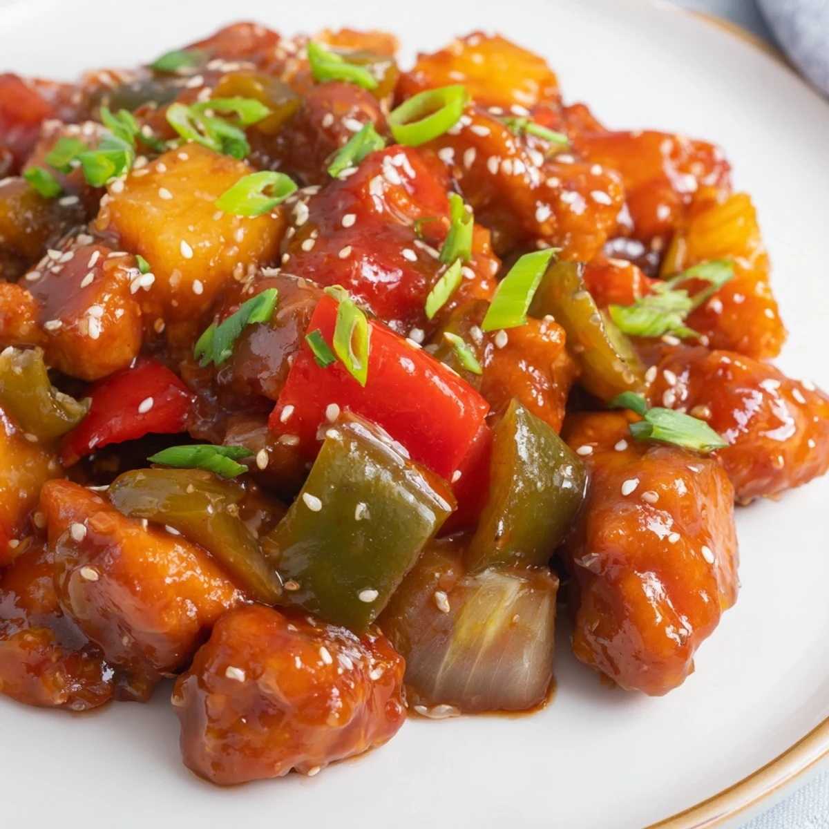 Vibrant Slow Cooker Hawaiian Pineapple Chicken served over fluffy white rice with red and green bell peppers.