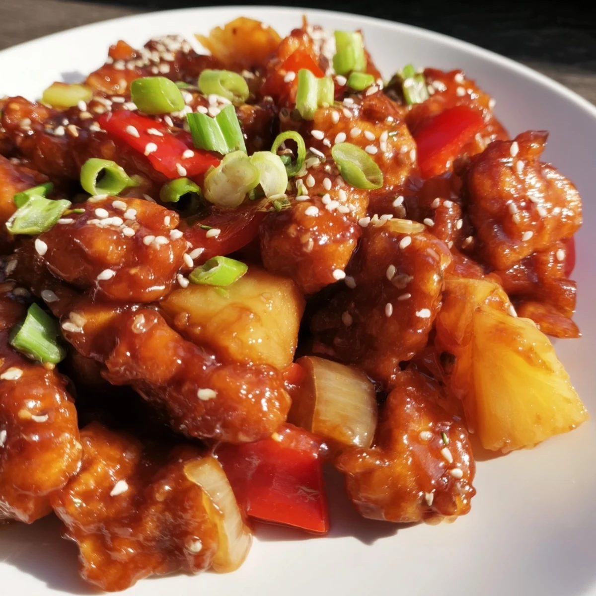 Easy Slow Cooker Hawaiian Pineapple Chicken recipe in a slow cooker insert, topped with juicy pineapple chunks.