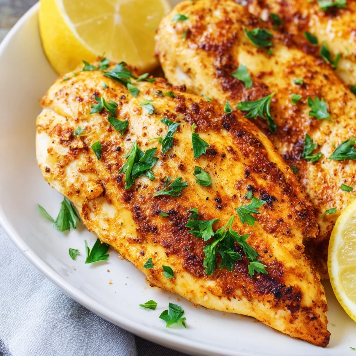 Golden-brown oven baked chicken breasts fresh from the oven, resting in a white dish with fresh parsley garnish and lemon wedges on the side.