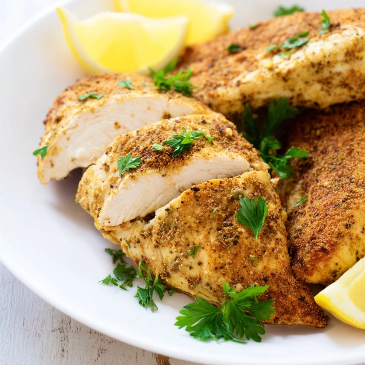 Perfectly seasoned oven baked chicken breasts sliced to reveal juicy, tender interiors, served alongside roasted vegetables on a rustic wooden table.
