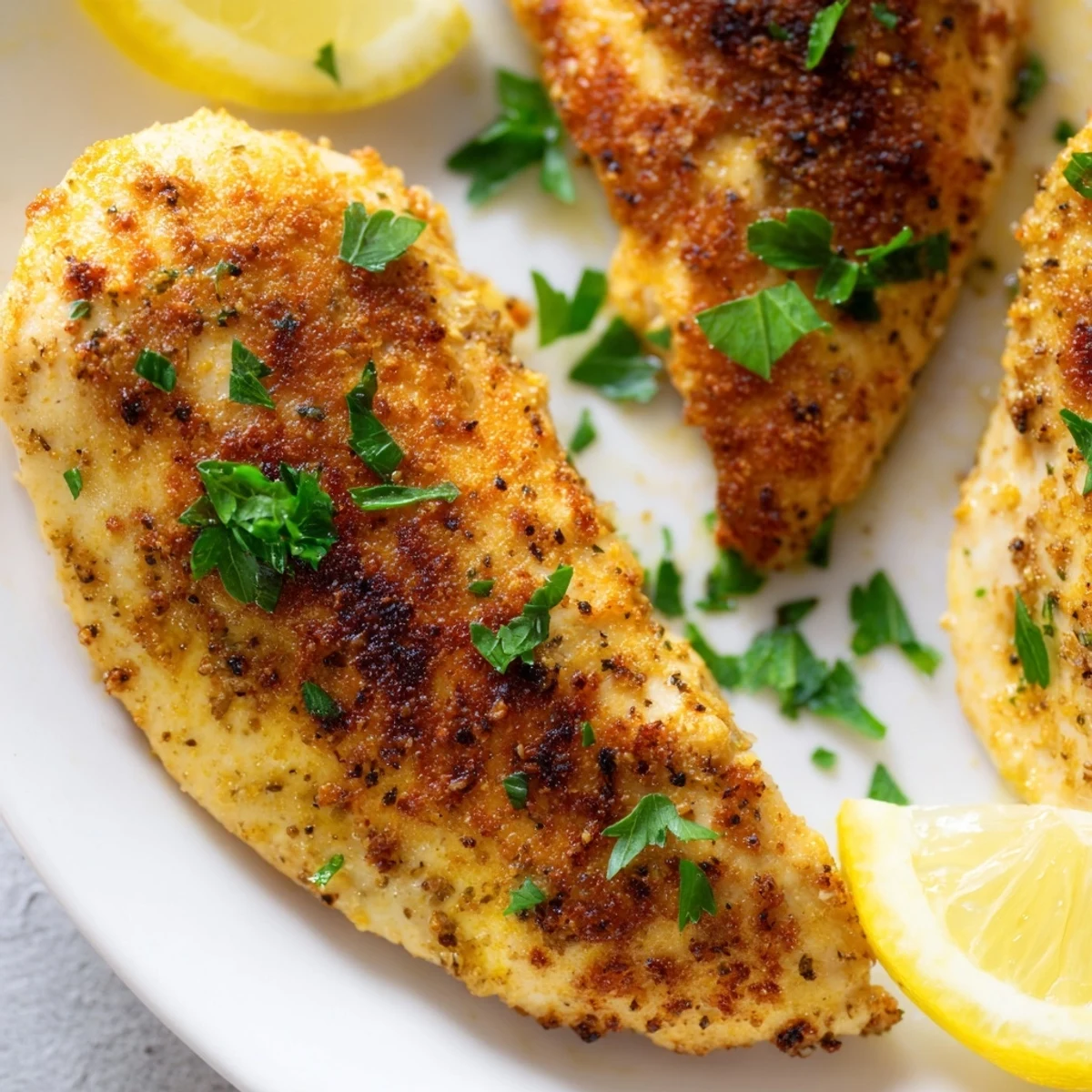 Flavorful oven baked chicken breasts plated with a side salad and rice, showcasing a delicious weeknight dinner ready for the family.