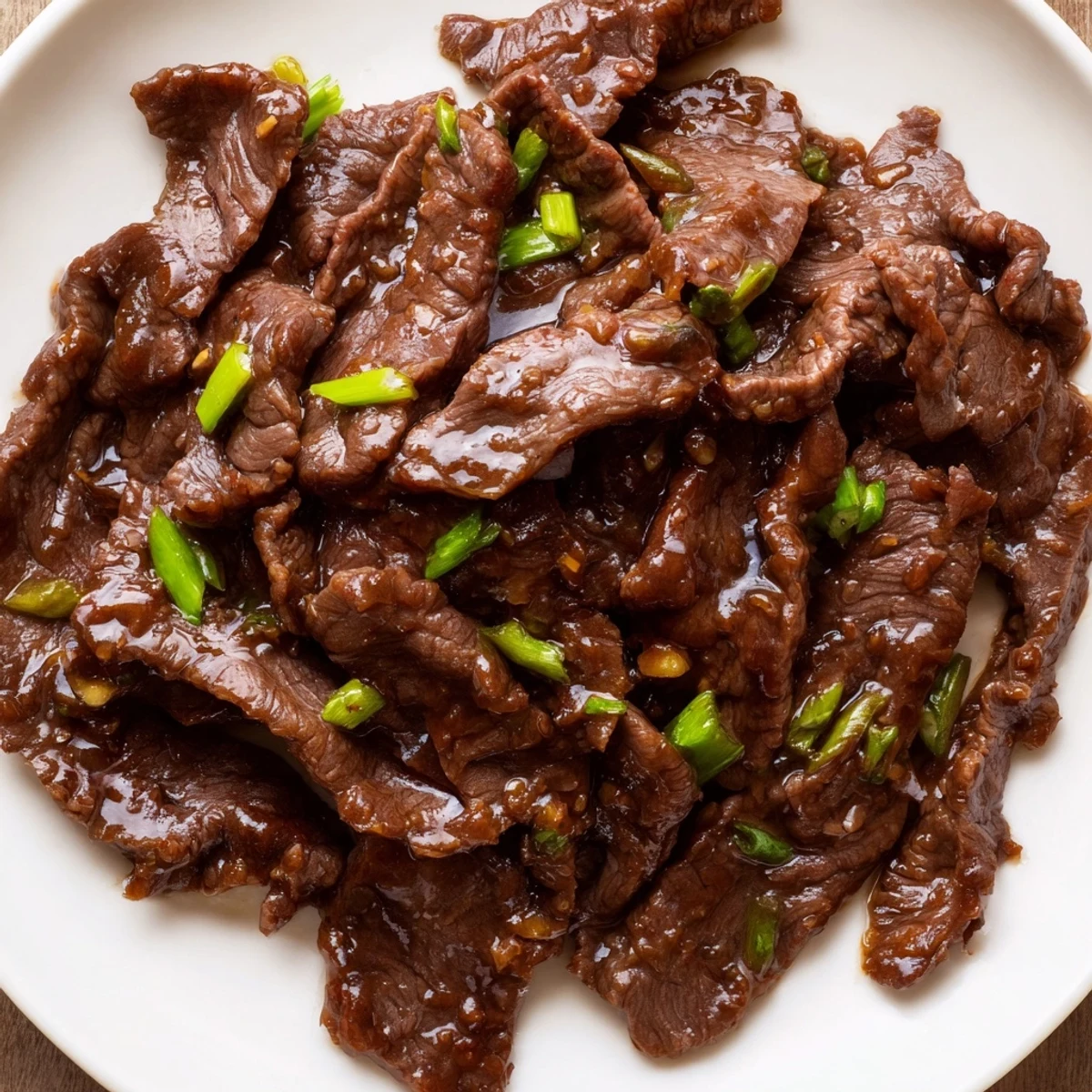 A plate of Ultimate Slow Cooker Mongolian Beef featuring glossy, sweet-savory sauce and soft, slow-cooked beef strips.
