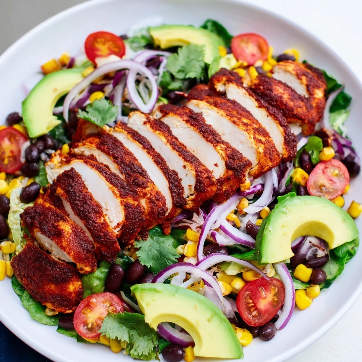 A close-up of chipotle lime chicken salad topped with bright cherry tomatoes and crunchy red onion slices.