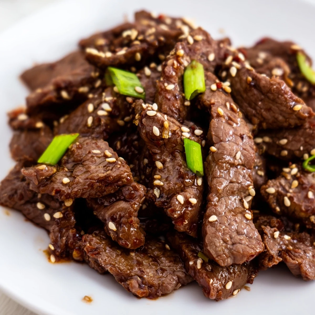 Ultimate Slow Cooker Mongolian Beef served steaming hot with green onions and sesame seeds