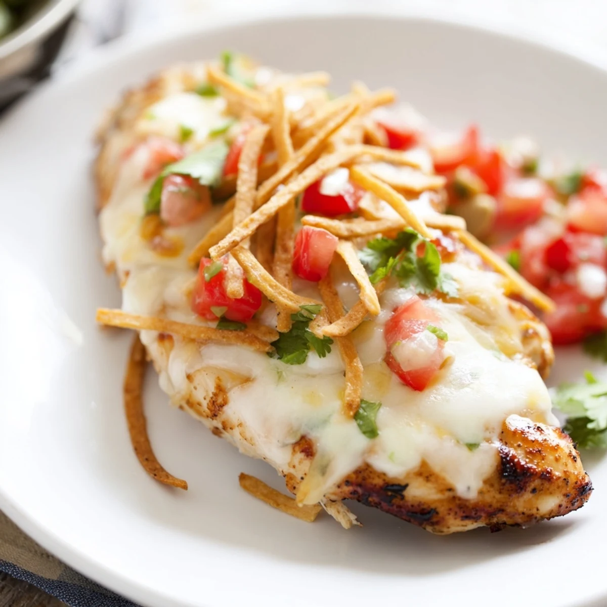 A vibrant plate of Fiesta Lime Chicken with melted cheese and pico de gallo on a rustic table.