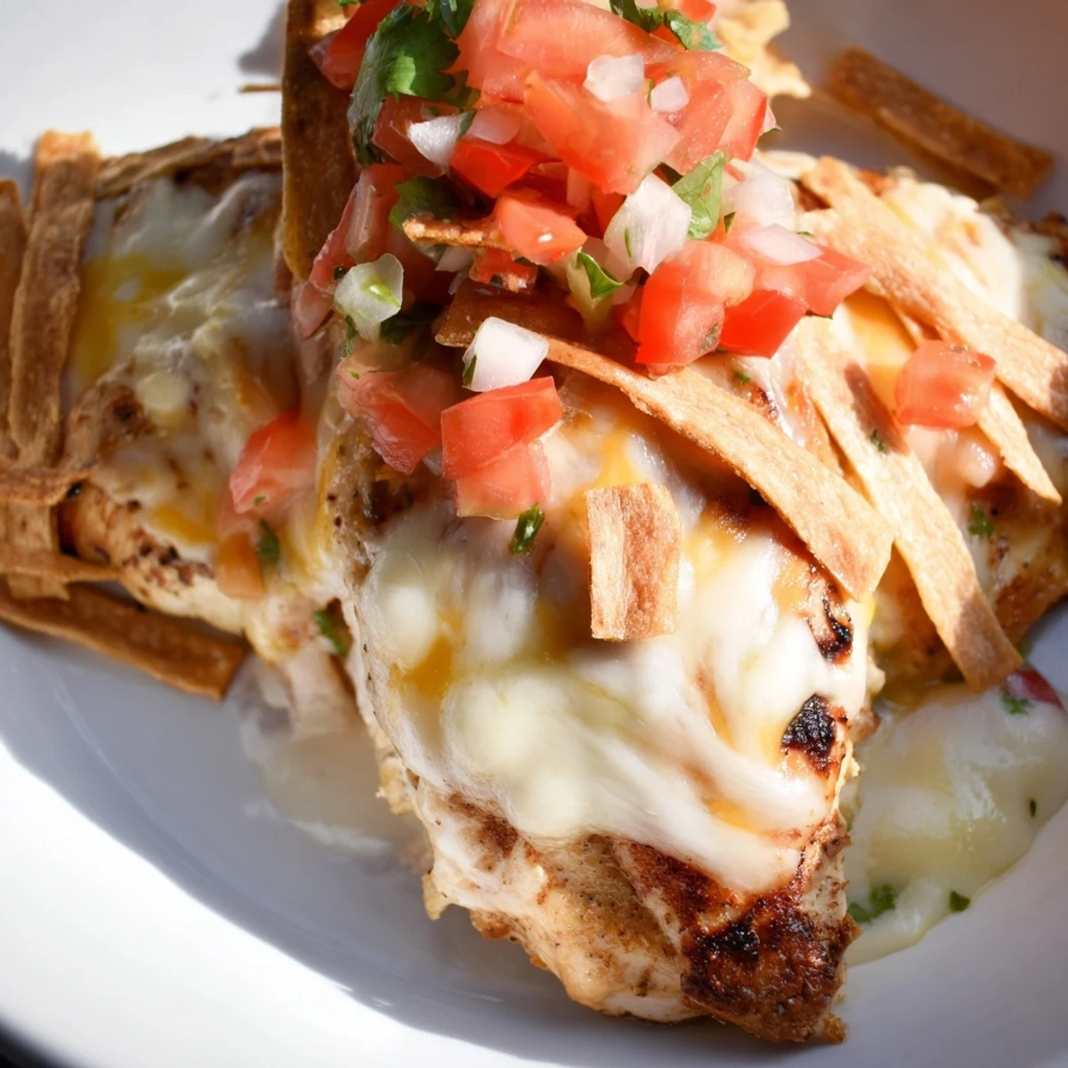 Fiesta Lime Chicken on a plate with Mexi-ranch sauce, cheese, and tortilla strips ready to eat.