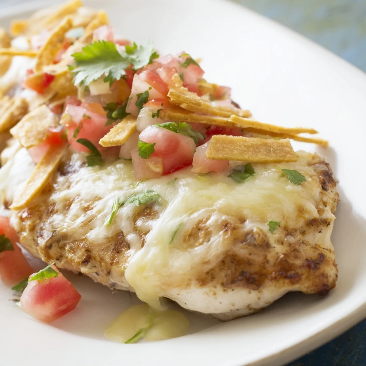 Grilled Fiesta Lime Chicken served with pico de gallo and melted cheese for a Tex-Mex meal.