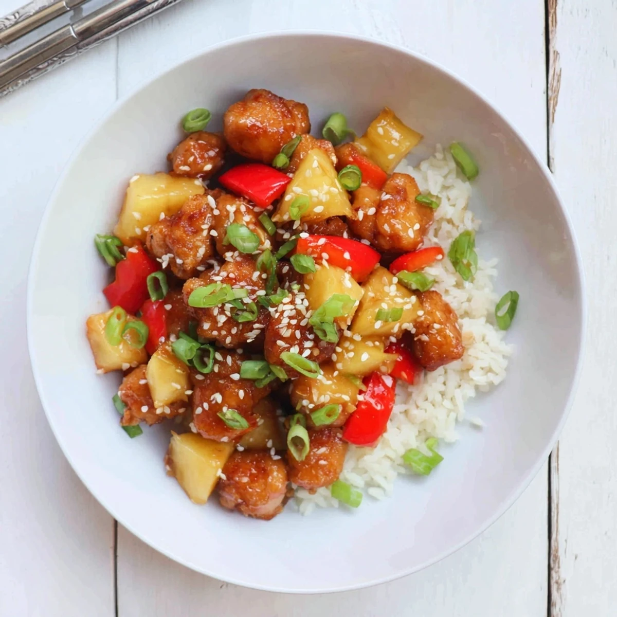 Glistening pieces of Sticky Pineapple Chicken in a rich, amber sauce, served over a bed of fluffy jasmine rice.