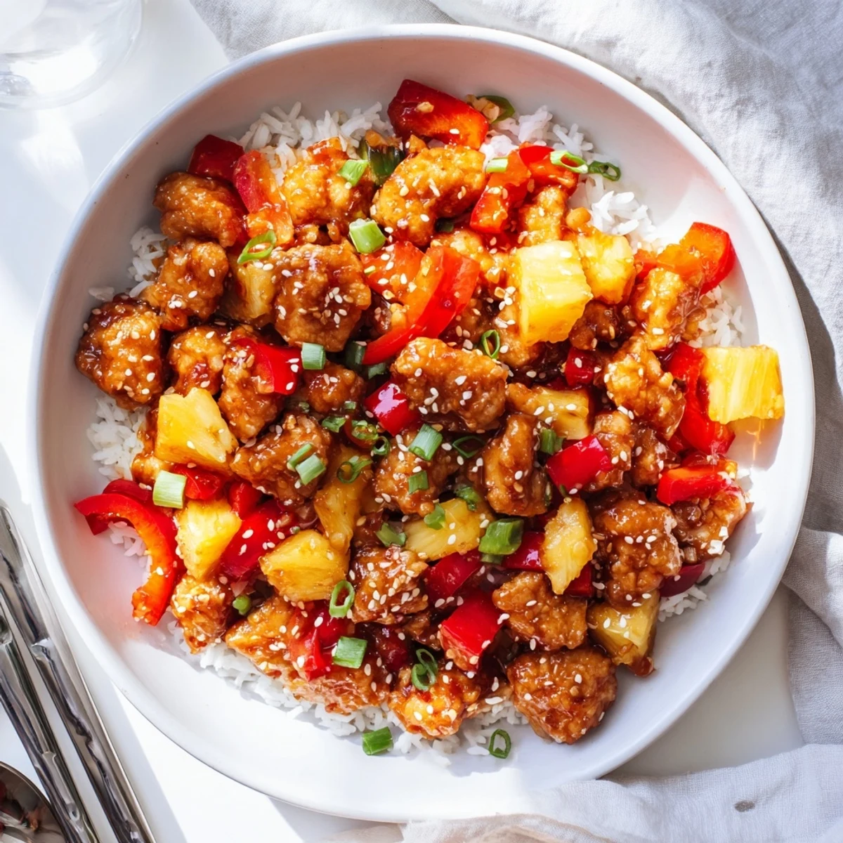 A close-up of Sticky Pineapple Chicken glazed in sweet and tangy sauce, garnished with toasted sesame seeds.