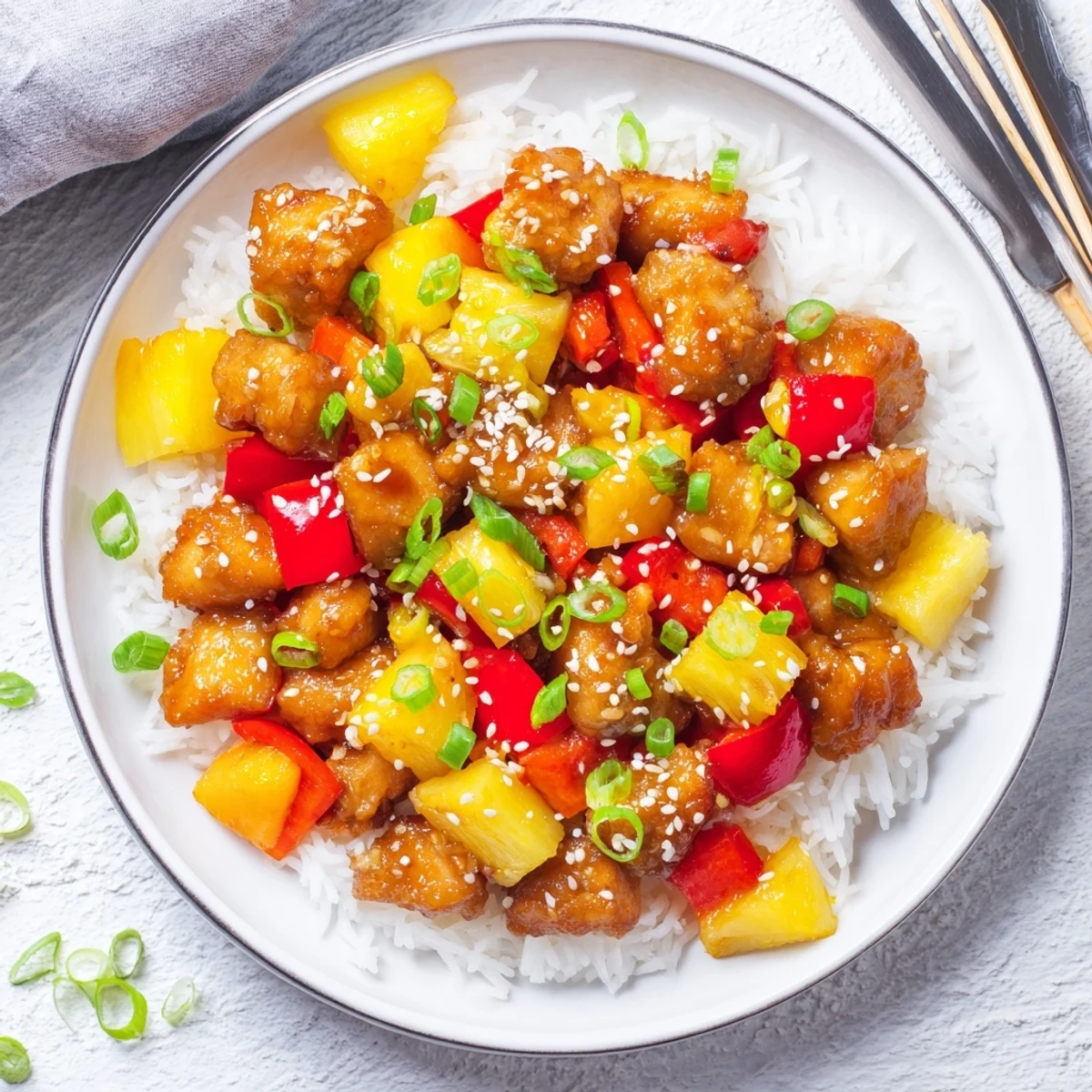 Tender Sticky Pineapple Chicken with vibrant red bell peppers and fresh green onions scattered on top for color.