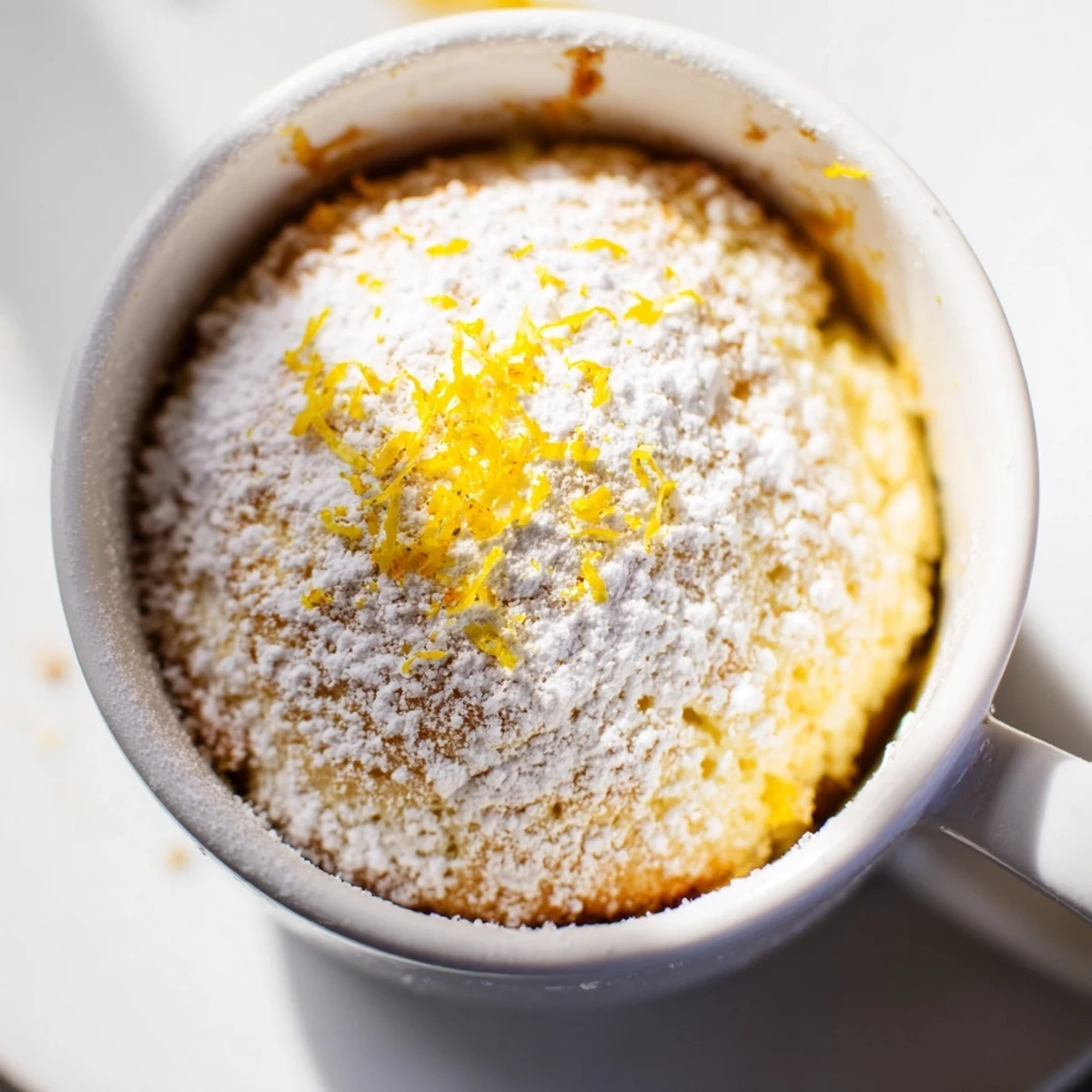 Freshly microwaved Lemon Cottage Cheese Mug Cake showing a fluffy, pale yellow texture with lemon zest garnish.