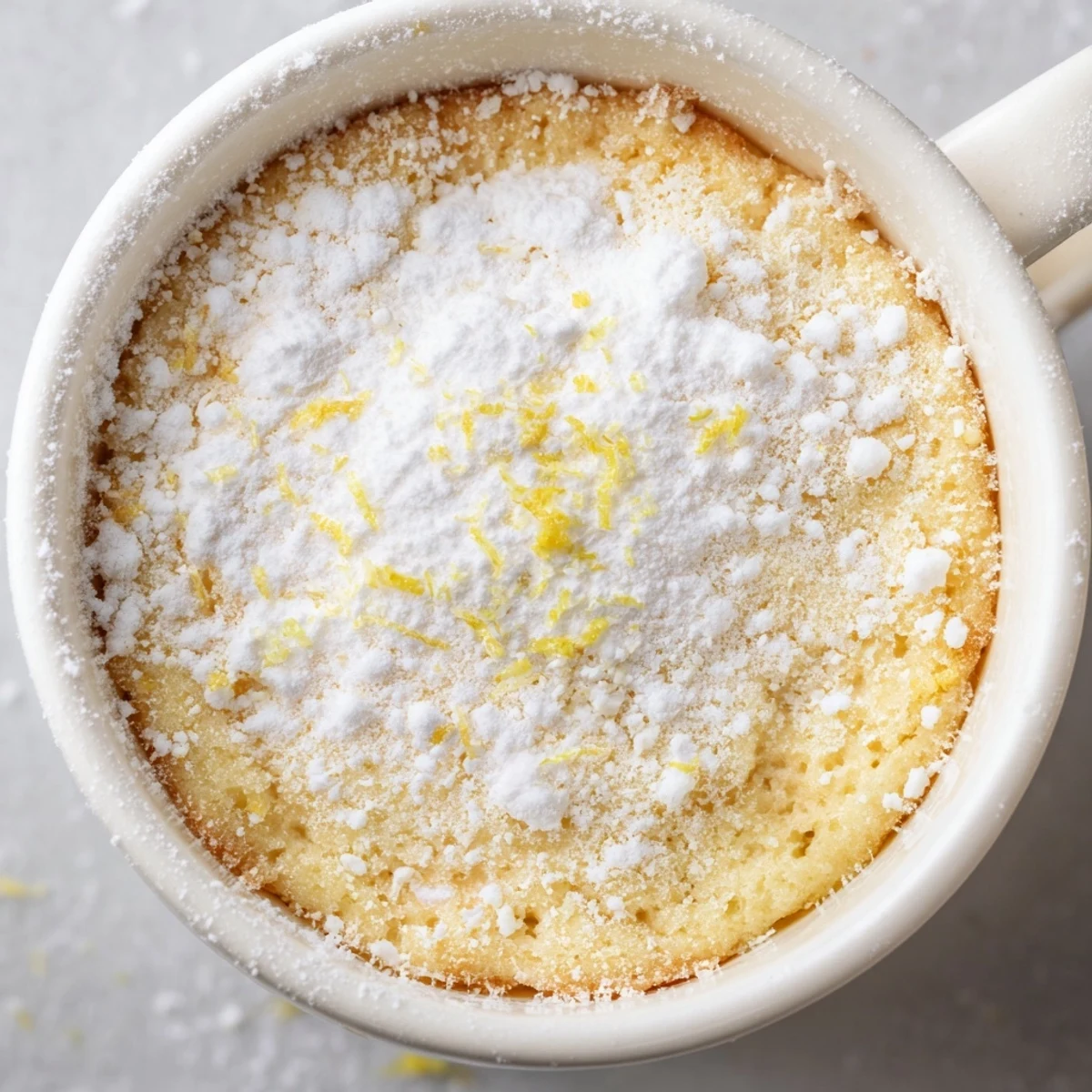 A single-serving Lemon Cottage Cheese Mug Cake topped with powdered sugar, ready to eat straight from the mug.
