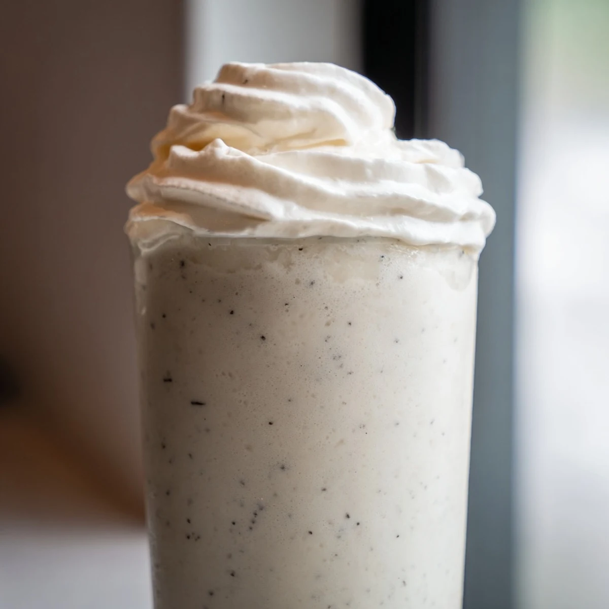 Homemade Starbucks Vanilla Bean Frappuccino blend showing ice and milk in a blender, ready to pour into chilled glasses.