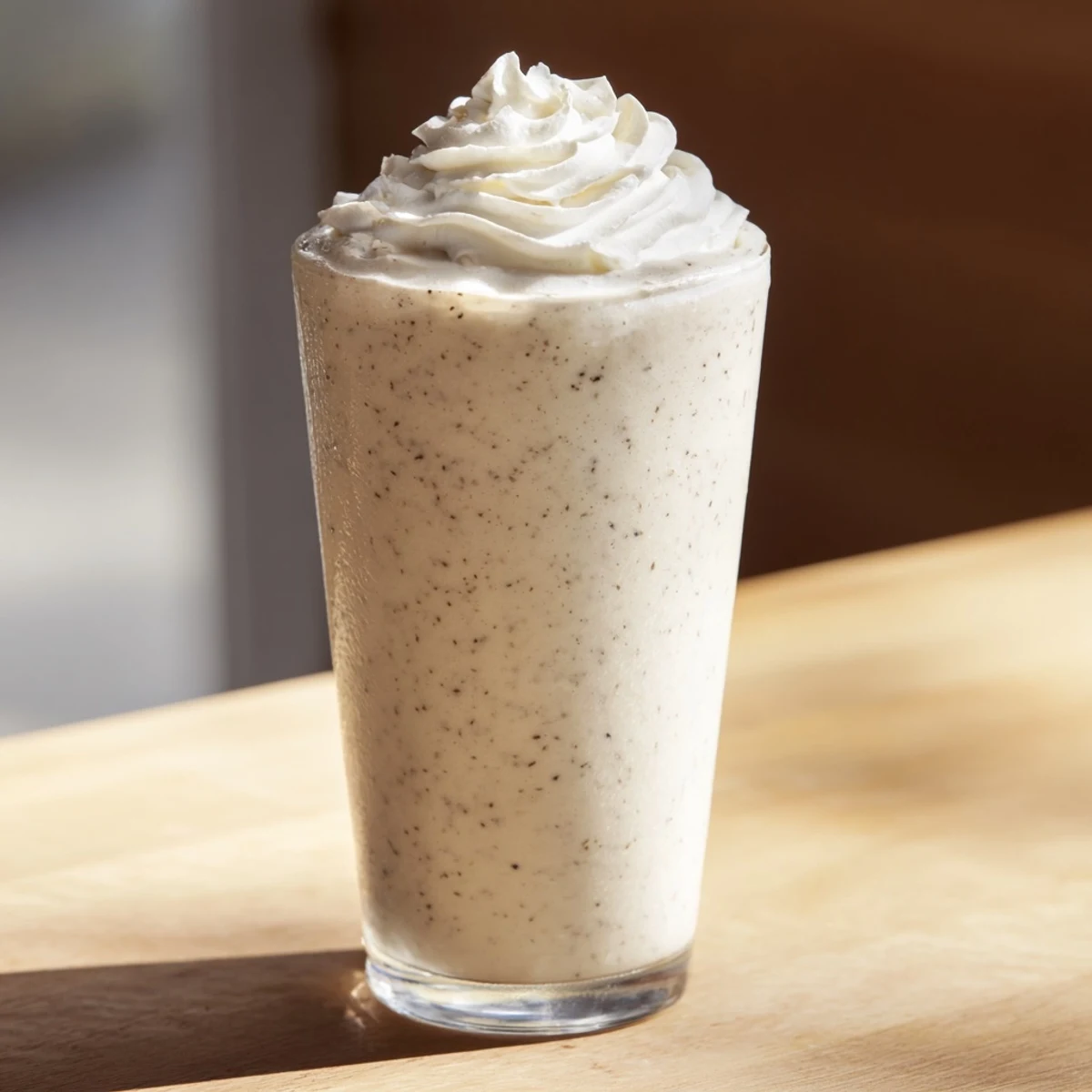 Creamy Starbucks Vanilla Bean Frappuccino topped with whipped cream in a tall glass, ideal for a refreshing summer treat.
