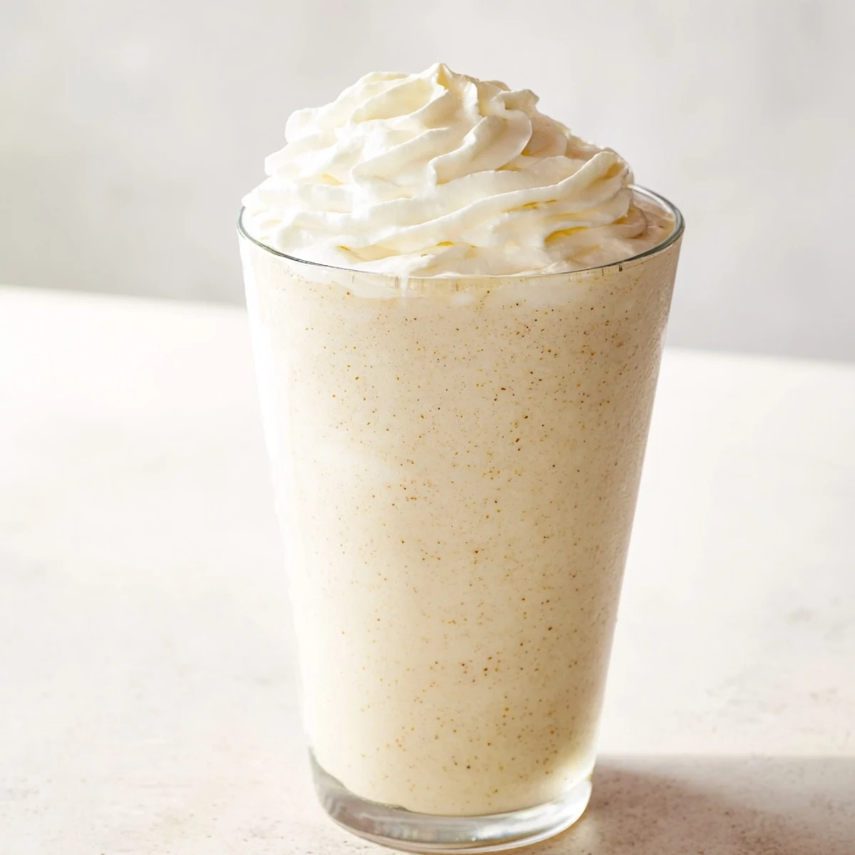 Two tall glasses of Starbucks Vanilla Bean Frappuccino with a creamy texture and vanilla bean specks, served with a straw.