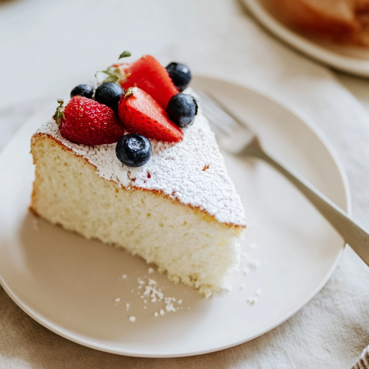 A slice of Fluffy Yogurt Cloud Cake dusted with powdered sugar sits beside fresh berries on a white plate.
