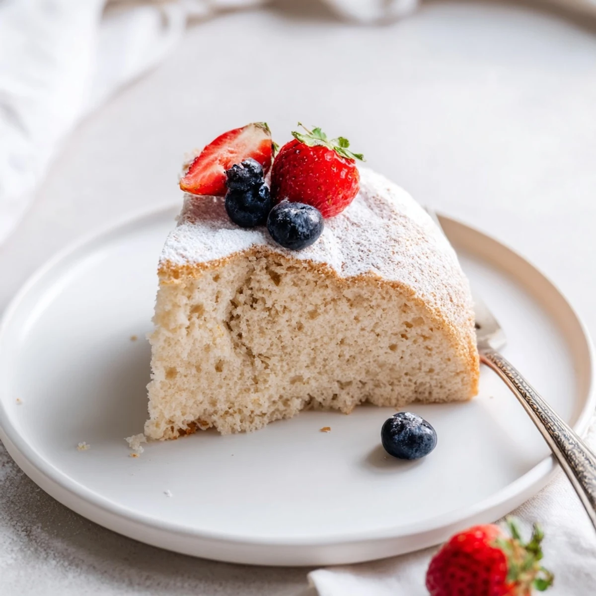An elegant Fluffy Yogurt Cloud Cake served on a marble board with a dollop of whipped cream.