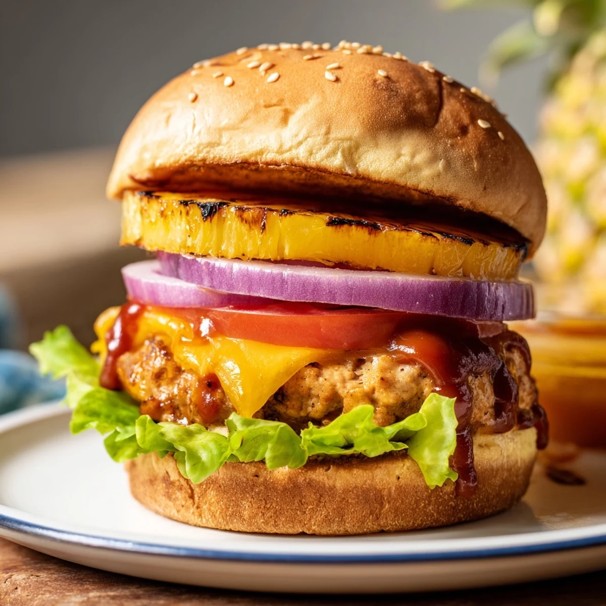 Grilled Hawaiian Pineapple Chicken Burger with juicy patty, sweet pineapple, tangy barbecue sauce on a toasted bun.
