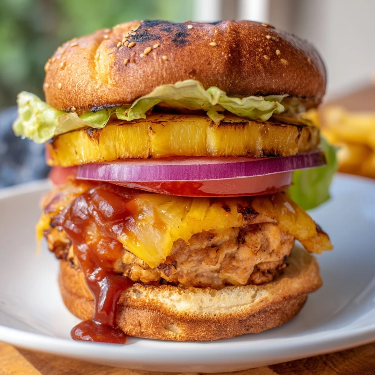 Close-up of Hawaiian Pineapple Chicken Burger showing melted cheddar, crisp lettuce, tomato, and red onion slices.