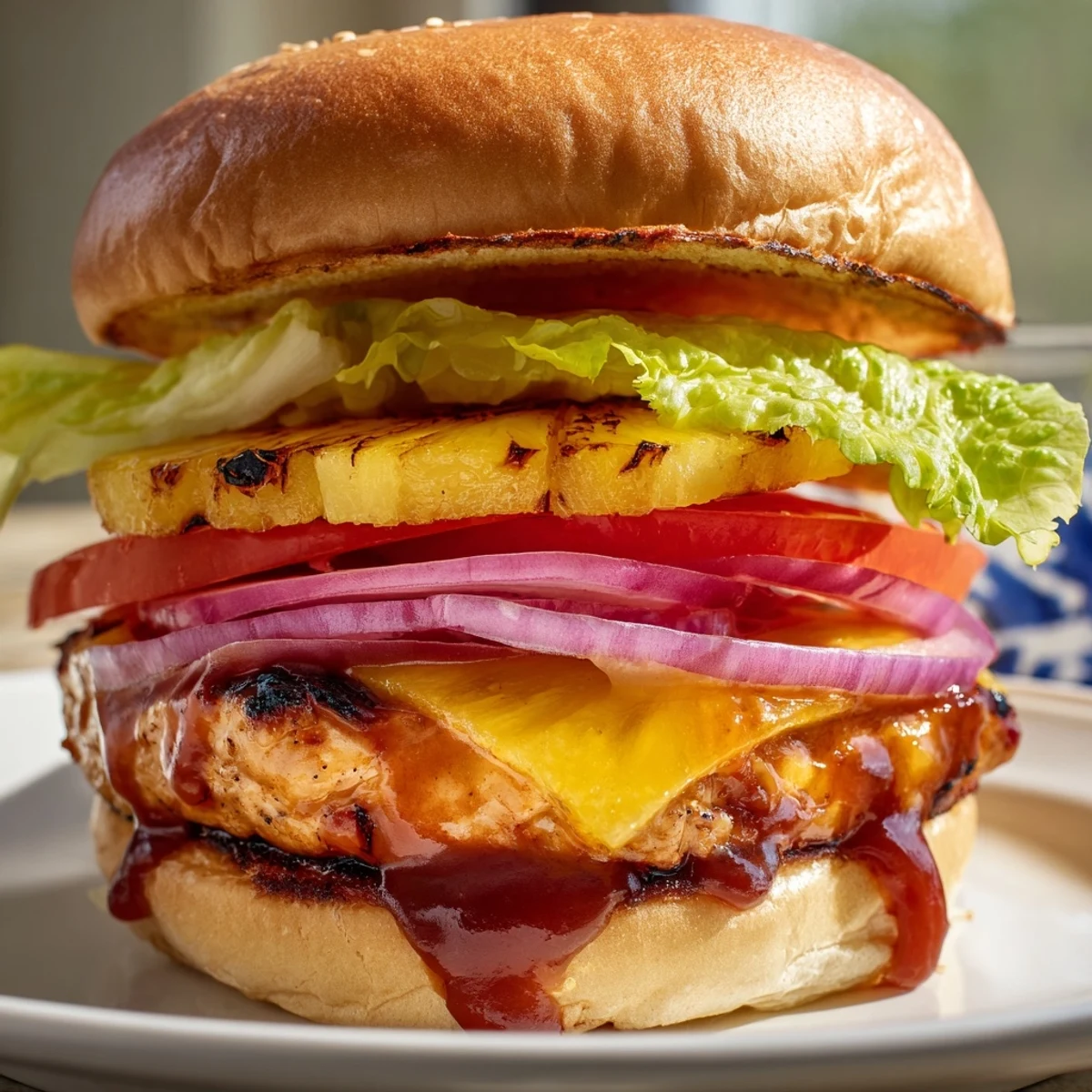 Tropical Hawaiian Pineapple Chicken Burger served with sweet potato fries on a rustic wooden table, ready to eat.