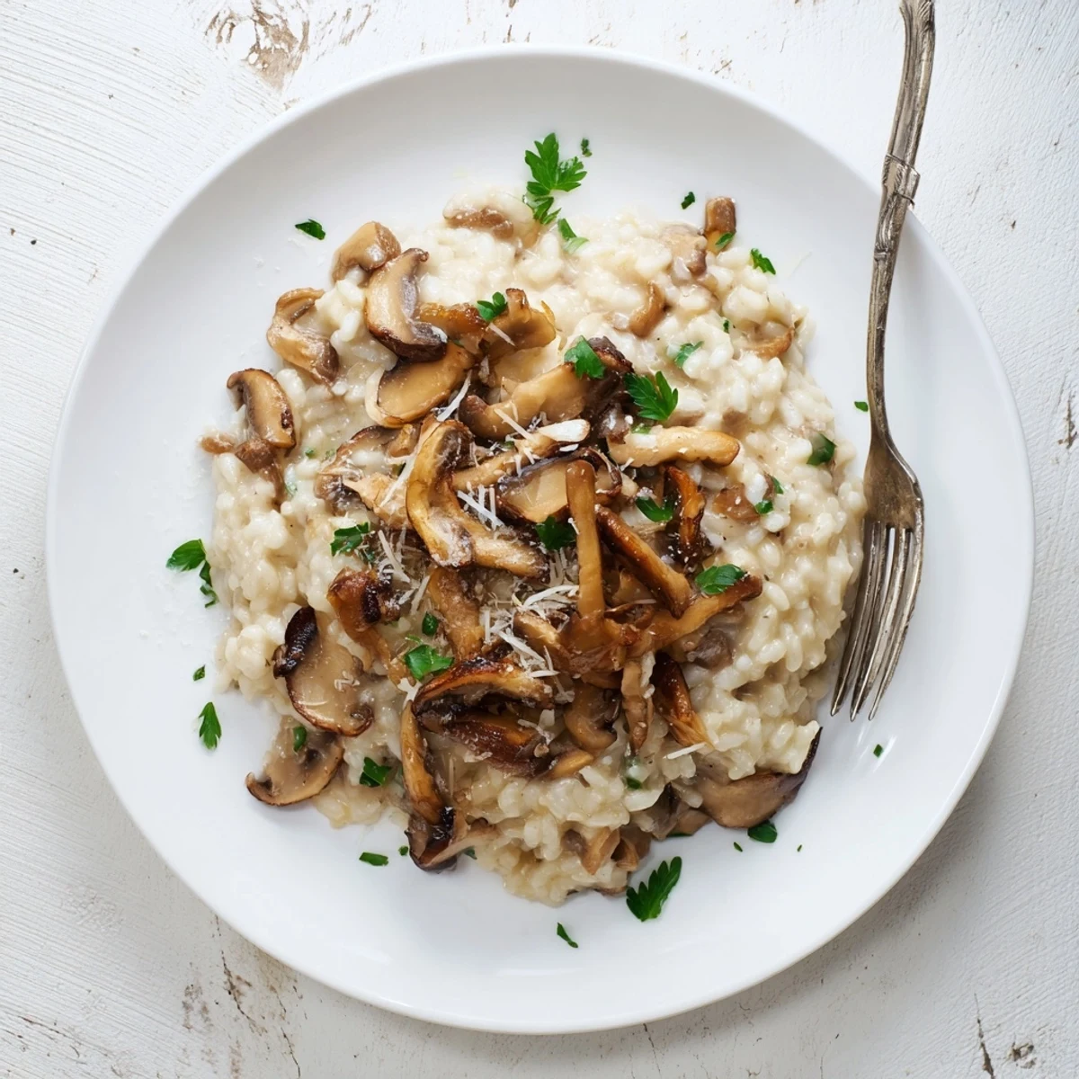 Velvety Creamy Mushroom Risotto topped with sautéed mushrooms and parsley, served ready to eat.