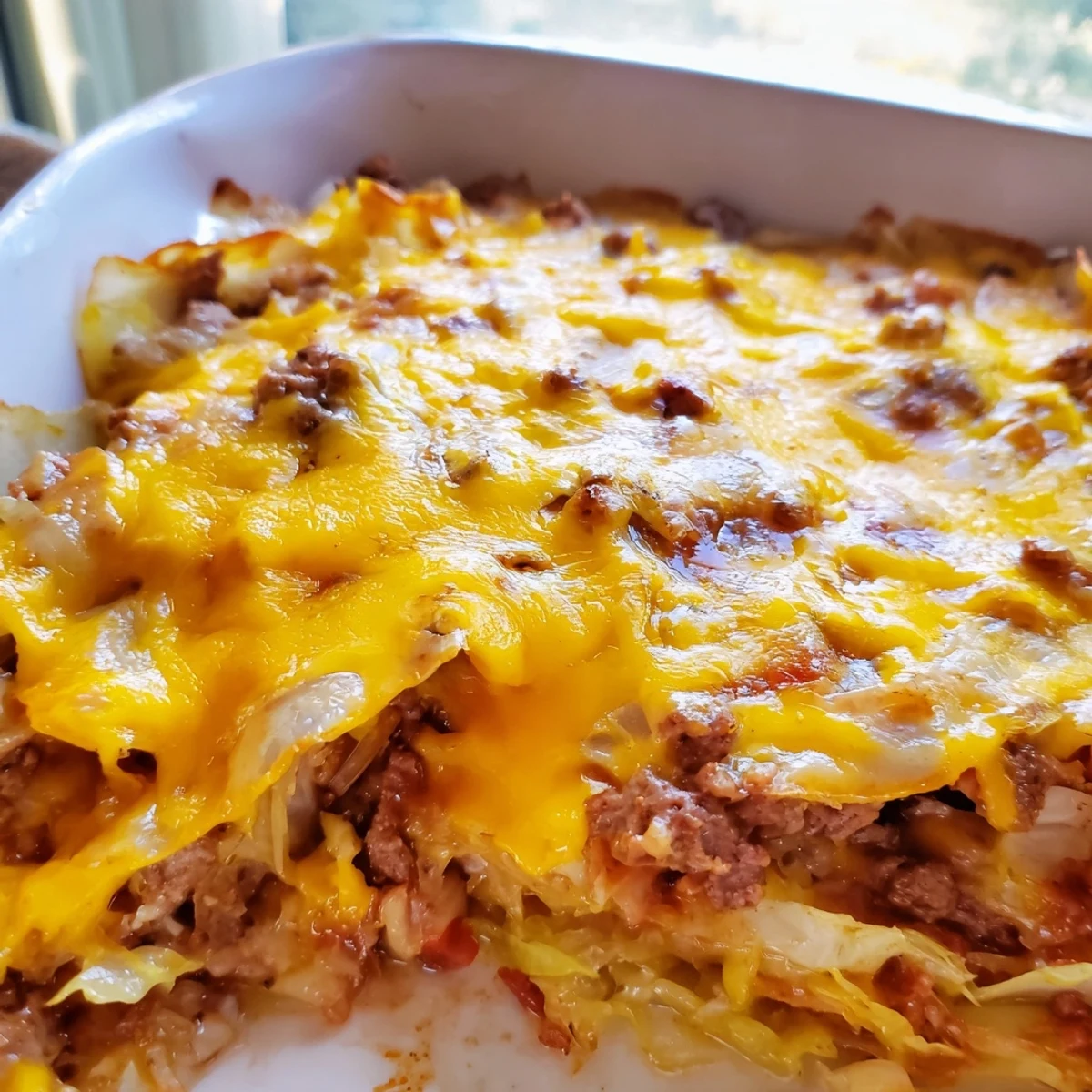 A close-up of the Easy Crispy Cabbage Burger Bake reveals bubbly cheese and golden edges on the beef.