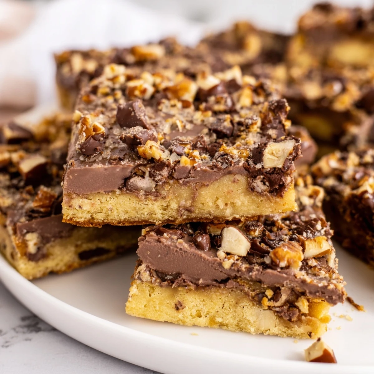 A slice of chewy Cake Mix Toffee Bars on a white plate, drizzled with extra chocolate and sprinkled with pecans.