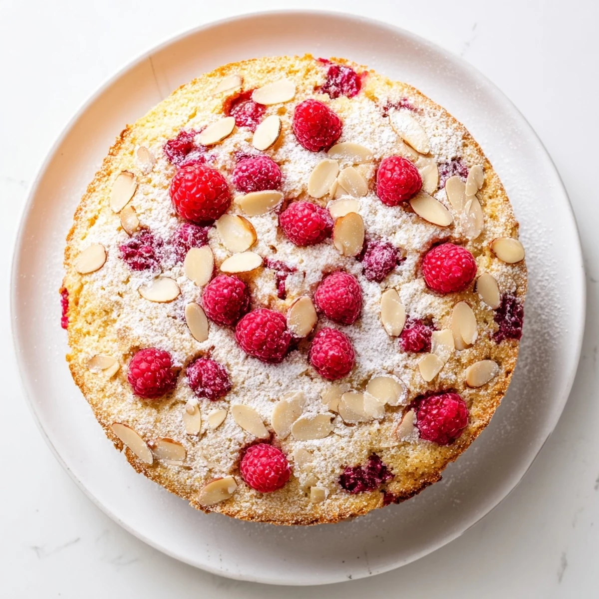 Slices of Soft Almond Raspberry Cake reveal tender crumb and bright raspberries on a ceramic plate.