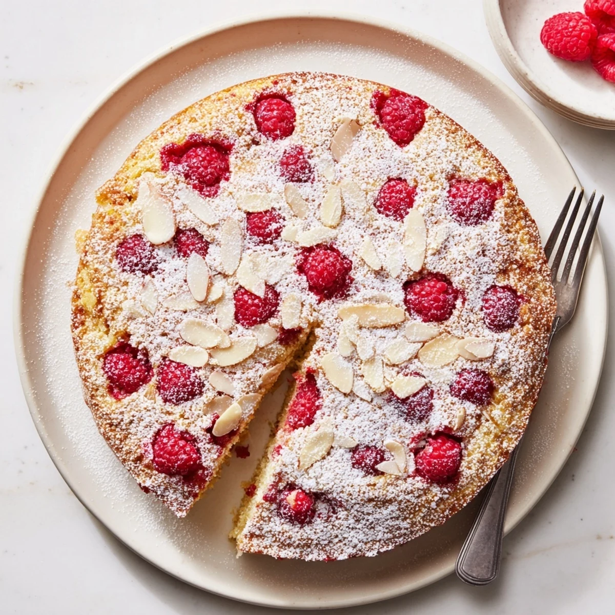 Freshly baked Soft Almond Raspberry Cake dusted with powdered sugar on a rustic wooden board.